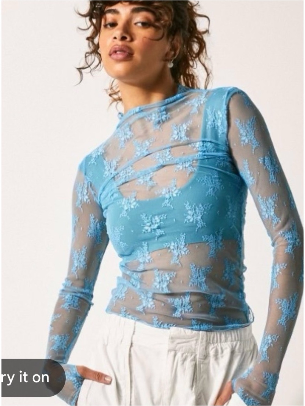 Sheer Embroidered Long-Sleeve Top in Sky Blue